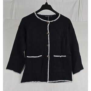 Merokeety Cardigan Sweater Jacket Women’s Medium Black with white Scalloped Trim
